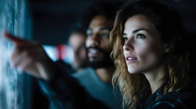 A diverse team collaborates while looking at a glowing digital display pointing at information