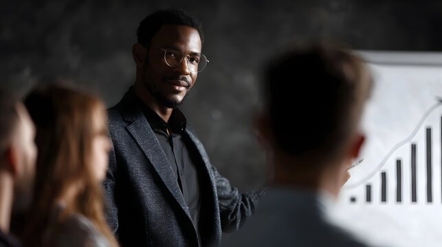 A Black businessman in glasses explains a growth chart on a whiteboard to a team during a business meeting