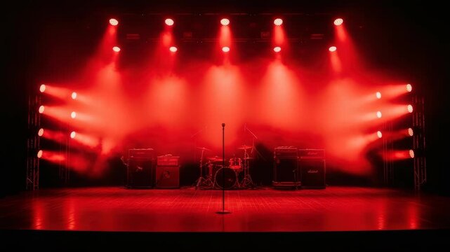 red-lit stage awaits performance featuring central microphone drum kit numerous speaker stacks and intense spotlights casting beams through smoky atmosphere Audience seating is visible