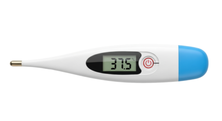 Isolated digital thermometer showing 37.5 degrees Celsius, temperature measurement tool