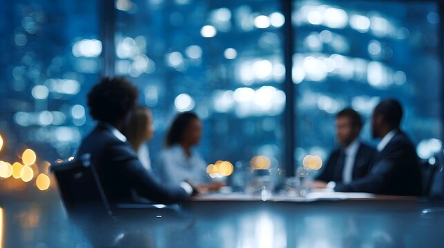 A diverse group of professionals engaged in a strategic business meeting in a modern office at night with city lights visible