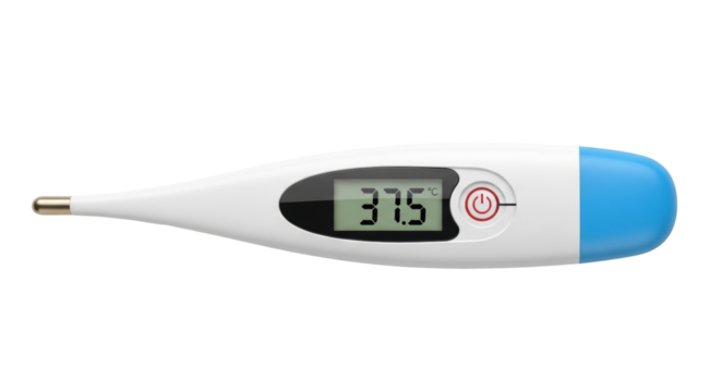 Isolated digital thermometer showing 37.5 degrees Celsius, temperature measurement tool