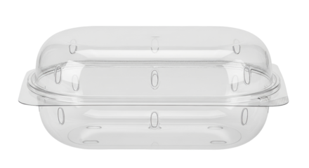 Isolated clear plastic clamshell container, hinged food packaging, recyclable clamshell box