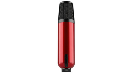 Isolated red microphone ready for recording vocals, instrument, podcast broadcast now