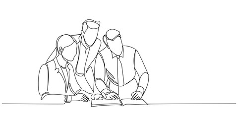 Line art Illustration of business people working together in the office. One line art style