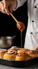 A chef drizzling golden honey over warm cinnamon rolls, with the honey forming thin amber strands