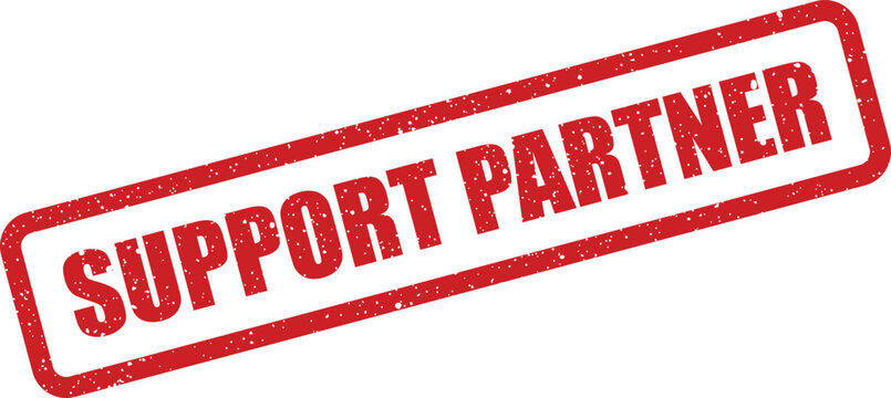 Textured red rubber stamp graphic indicating a collaborative support partnership or strategic alliance