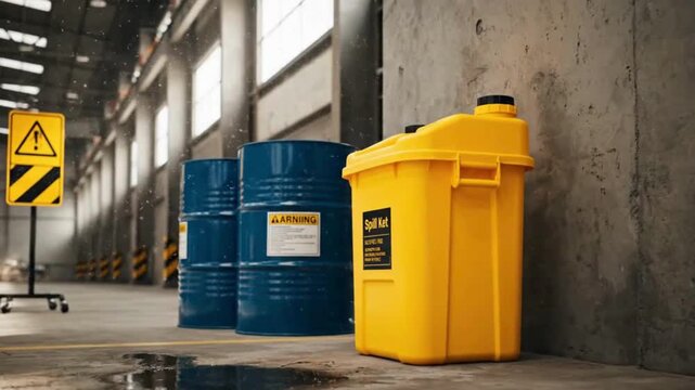 Industrial safety video with spill control kit and warning signs for a safe work environment inside a factory or warehouse setting