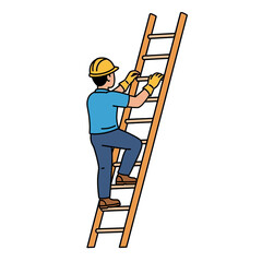 Man wearing hard hat and gloves climbing a wooden ladder, viewed from the side.