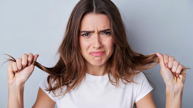 Young woman upset with her hair holding the ends with frustration and concern expression on neutral studio background.