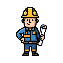 Cartoon illustration of a construction worker holding a rolled blueprint, smiling.
