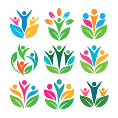 Vibrant human figures with leaf motifs representing growth community and health