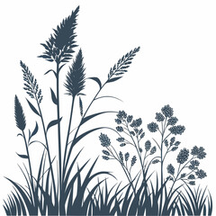 Vector art of a captivating silhouette of wild grasses and delicate wildflowers, , evoking a sense of tranquility and natural beauty in a minimalist composition