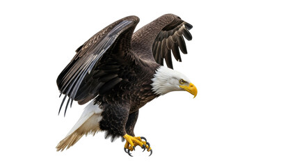 Isolated bald eagle in midair, majestic avian predator with yellow beak and fierce talons