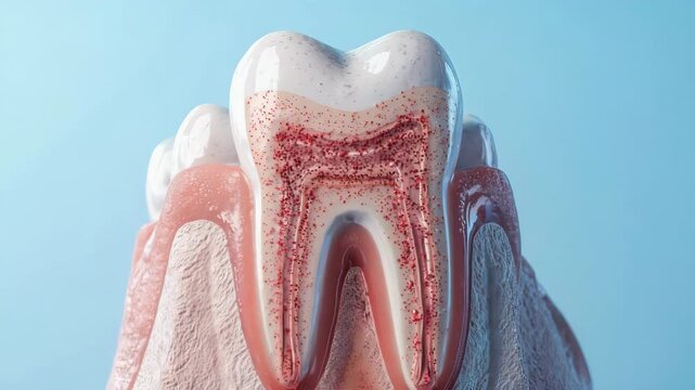 Cross-section of a tooth, showing enamel, dentin, pulp, and gums