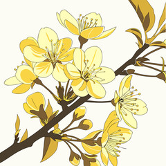 Illustration of yellow plum blossoms on a branch, the flowers are in full bloom, with delicate petals and intricate details, creating a serene and elegant composition