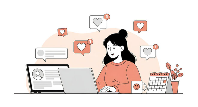 Woman working on social media getting likes and notifications at home