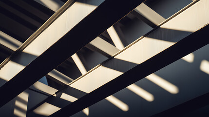 Geometric interplay of light and shadows on steel beams creating an abstract architectural composition. Sunlight filters through the structure.