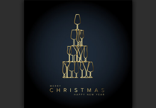 Golden Glasses Christmas Tree Celebration Card on Dark Background