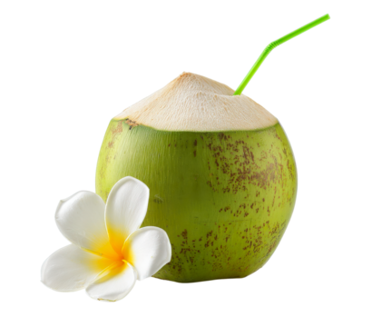 Refreshing Tropical Bliss: A freshly opened young coconut, complete with a vibrant green straw, rests invitingly beside a delicate frangipani flower.