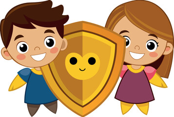 cartoon kids group, smiling kids illustration, protection shield cartoon, golden shield children, security cartoon art, happy kids friendship, joyful teamwork illustration, friendship wallpaper kids, 