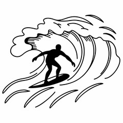 Vector art of dynamic black and white line art capturing a surfer riding a powerful wave, , embodying the thrill of surfing, the beauty of the ocean, and the harmony between man and nature