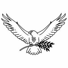 Vector art of a majestic bald eagle soars with wings spread wide, clutching an olive branch in its talons, symbolizing peace and freedom, a powerful emblem of hope and strength