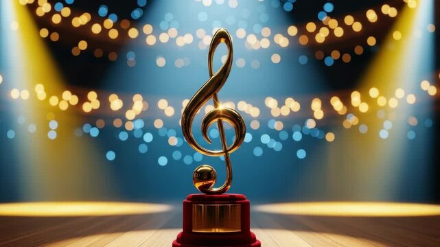 golden treble clef trophy on red velvet base stands on polished wooden stage Warm yellow and cool blue bokeh lights illuminate the festive backdrop with bright spotlights