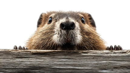 Curious beaver on wood, white background