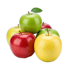 A Vibrant Assortment of Fresh Red, Green, and Yellow Apples with a Green Leaf, Piled and Isolated on a transparent background. PNG Isolated Transparent