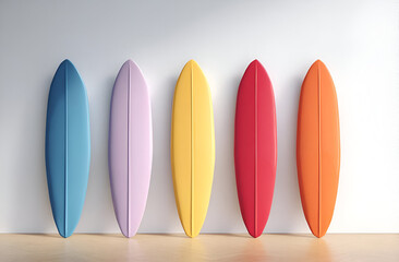 Fototapeta premium Brightly colored surfboards lined up against a wall, showcasing vibrant designs for surf enthusiasts and beach lovers.