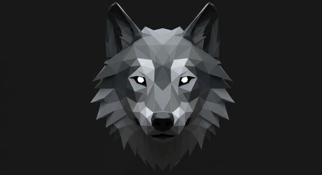 Geometric gray wolf head with glowing eyes on a dark backdrop