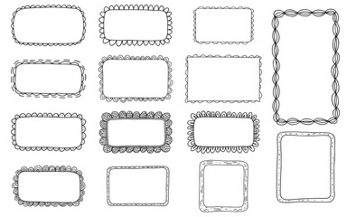 Hand Drawn Doodle Frame Vector Set. Black Sketch Collection of Round Edge and Decorative Rectangle Borders. Cute Line Art Elements for Scrapbooking, Photo Edges, Text Boxes, and Kids' Design.