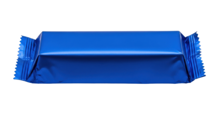 Isolated blue candy bar in foil wrapper, snack wrapped in packaging, sweets treat concept