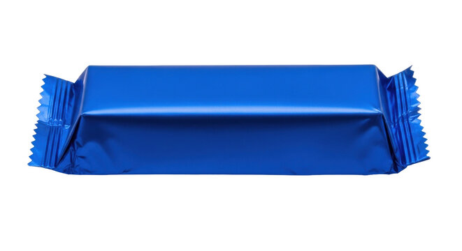 Isolated blue candy bar in foil wrapper, snack wrapped in packaging, sweets treat concept