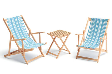 Relaxing beach chairs with blue stripes next to a small wooden table, perfect for outdoor leisure and comfort.