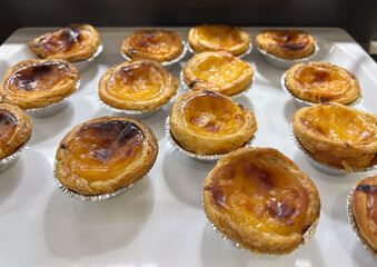 Traditional Portuguese custard tarts, known as pasteis de nata, arranged on a white tray.