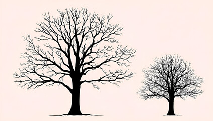 Obraz premium Silhouettes of two bare trees against a soft pink background, showcasing their distinct forms and intricate branches.