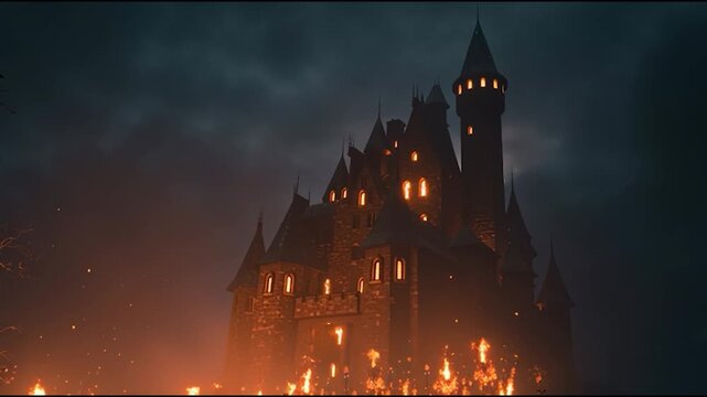 A dark, foreboding castle engulfed in flames under a moody sky, with a ghostly moon in the background and a silhouetted tree in the foreground.