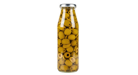 Isolated jar with canned green olives in brine, an appetizer for salads and cocktails