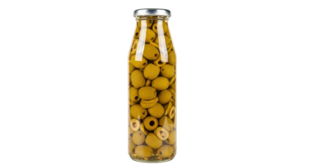 Isolated jar with canned green olives in brine, an appetizer for salads and cocktails