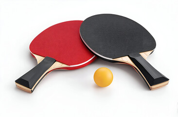 Two colorful table tennis paddles and a ball ready for an exciting game on a bright, clean background.