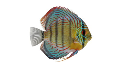 Isolated discus fish, a colorful aquarium pet, is swimming in the water of its tank