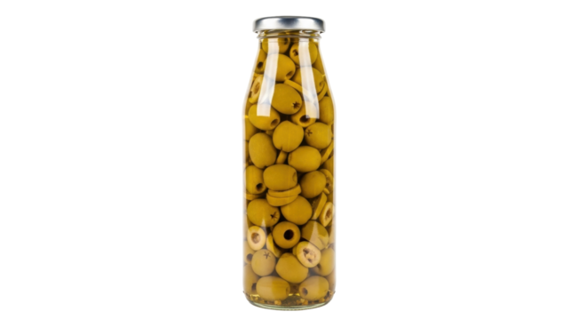Isolated jar with canned green olives in brine, an appetizer for salads and cocktails