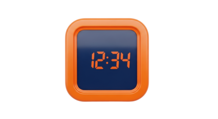 Isolated clock showing 12 34 in an orange case against a neutral setting, indicating time