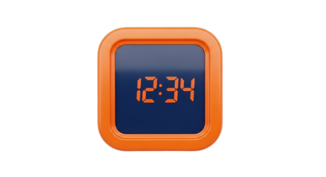 Isolated clock showing 12 34 in an orange case against a neutral setting, indicating time