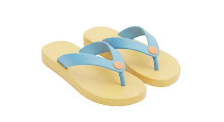 Isolated pair of simple summer beach flip-flops in pastel blue and yellow, tropical vacation style