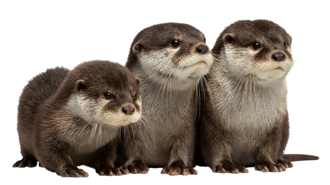 A heartwarming scene of an adult otter and its pup sharing a moment by the water. on transparent background
