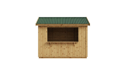 Isolated small wooden retail hut with green corrugated roof under sunny conditions
