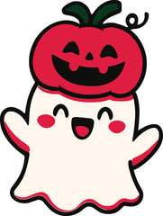 Cute cartoon ghost with red pumpkin hat, smiling face, blushing cheeks, festive Halloween character illustration for kids design, seasonal decor, spooky celebration art